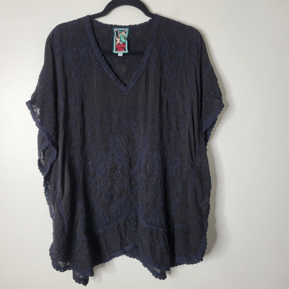 Johnny Was Black Embroidered Navy Poncho Blouse